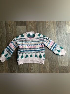 Holiday Time Pink Fair Isle Crewneck Sweater with Green Trees